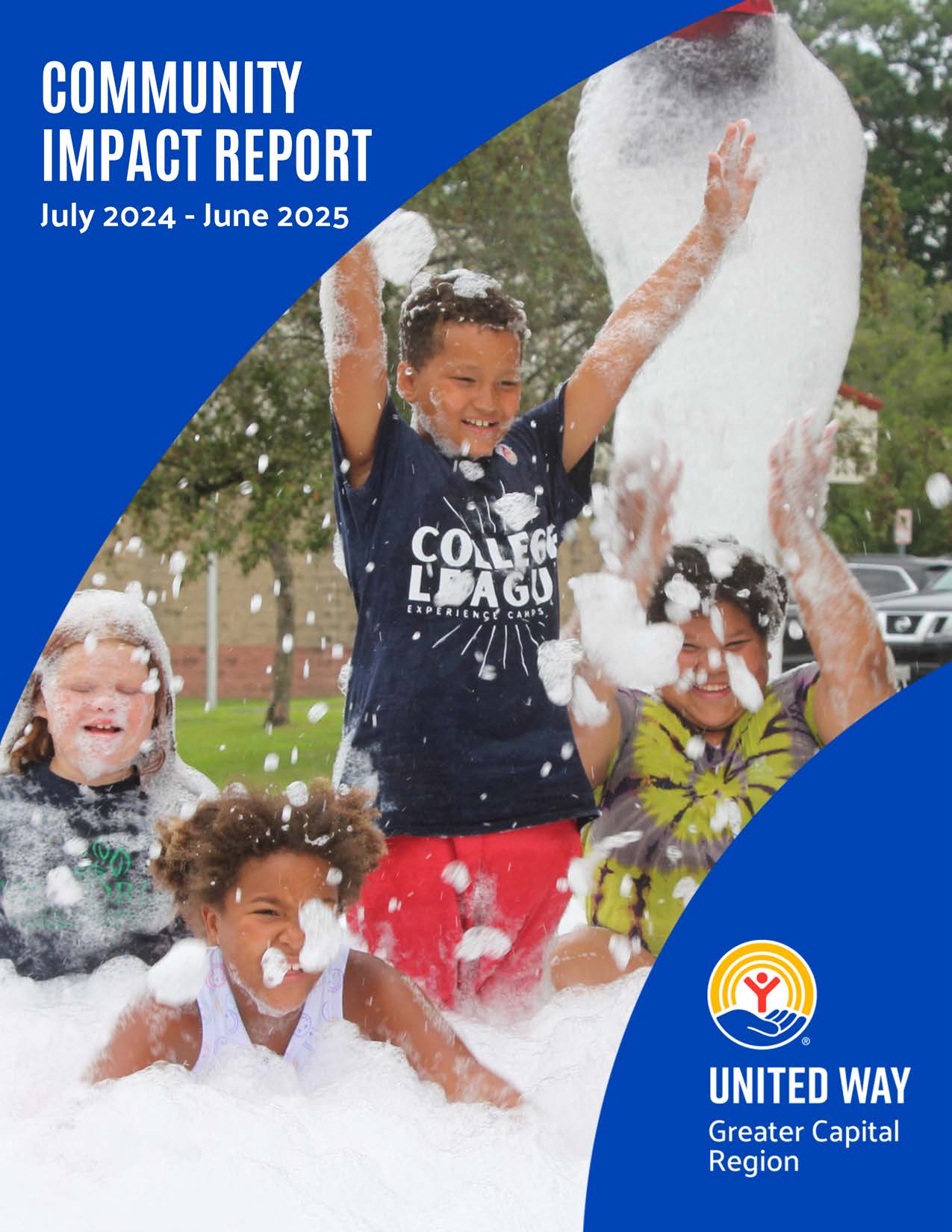 Annual Report Cover, kids playing under foam machine