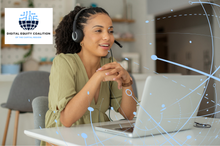 Women at desk talking to computer with headset on and digital elements around and DECCR logo