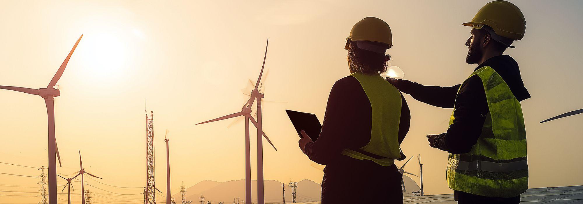 two workers in vest and hard hats surveying wind turbines