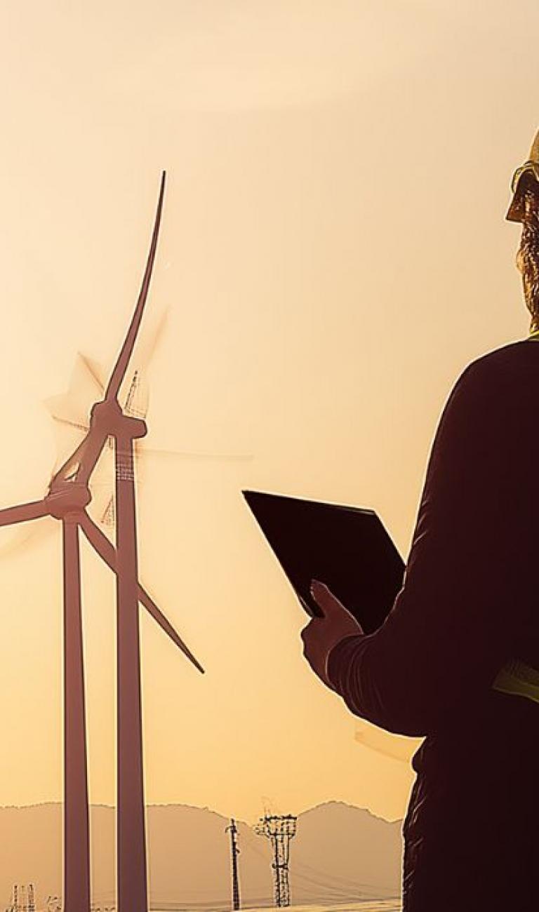 two workers in vest and hard hats surveying wind turbines