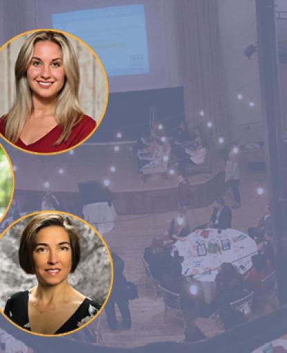 Collage of Shark Panel headshots over an aerial picture of Perfect Pitch event with a blue fade