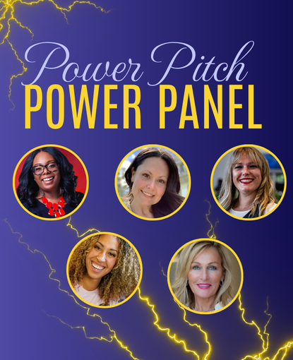 Text: Power Pitch Panel Image: 6 headshots in circles of panel